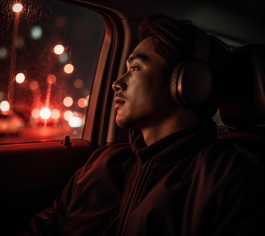 Listener wearing headphones in a car at night