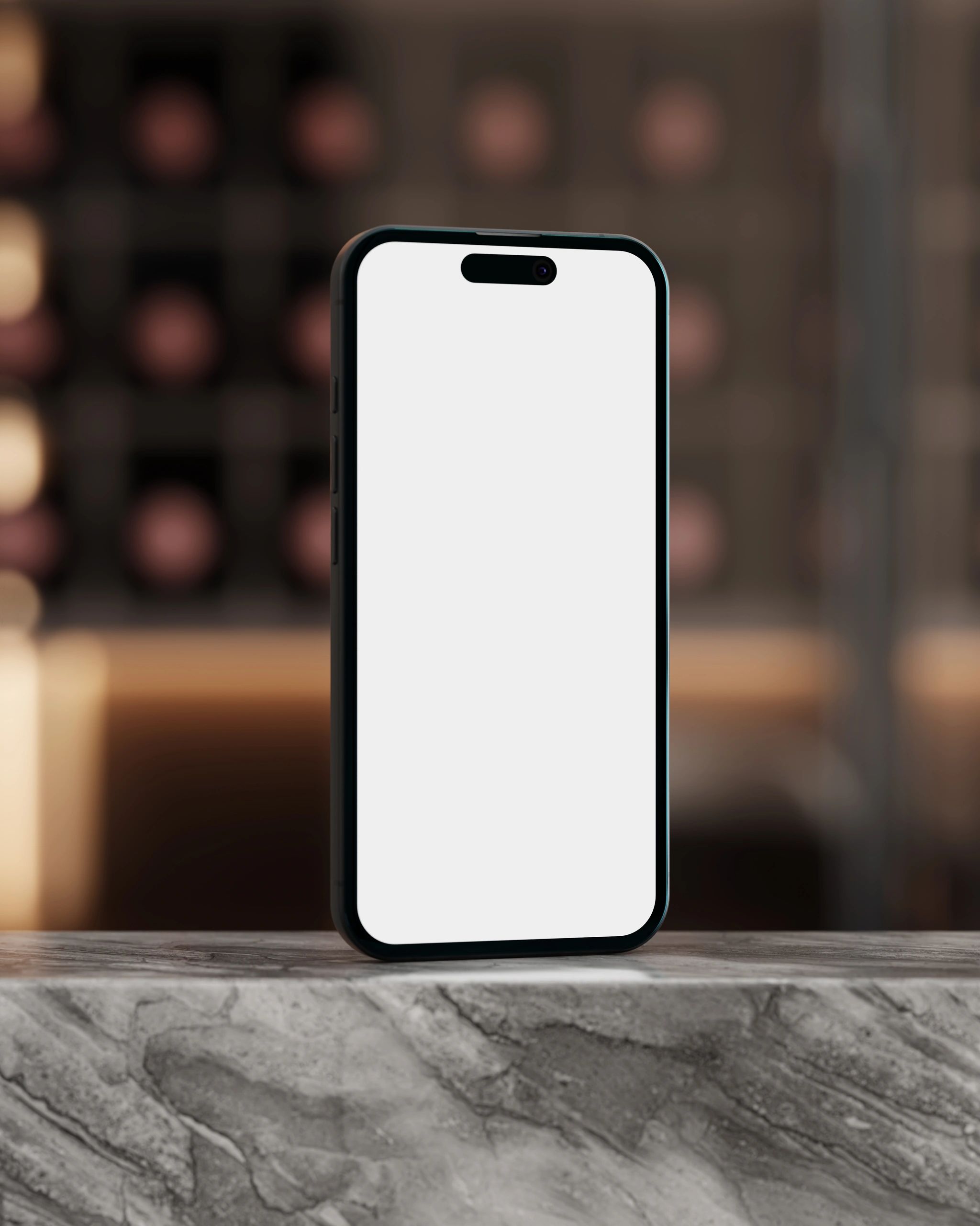 Smartphone standing upright with a clean screen in a cozy interior